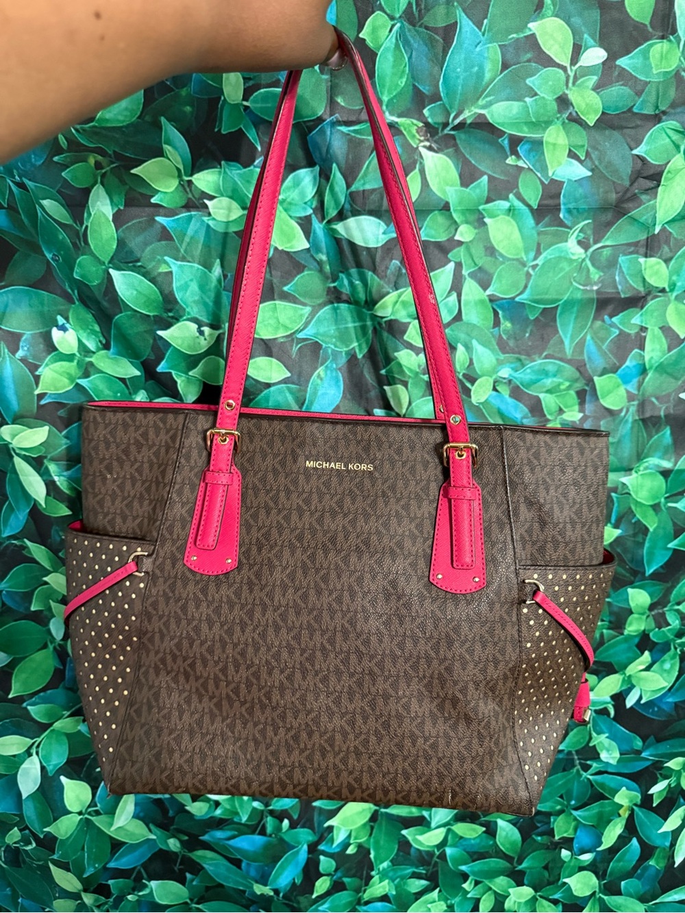 MICHAEL KORS Brown Signature Tote with Pink Trim